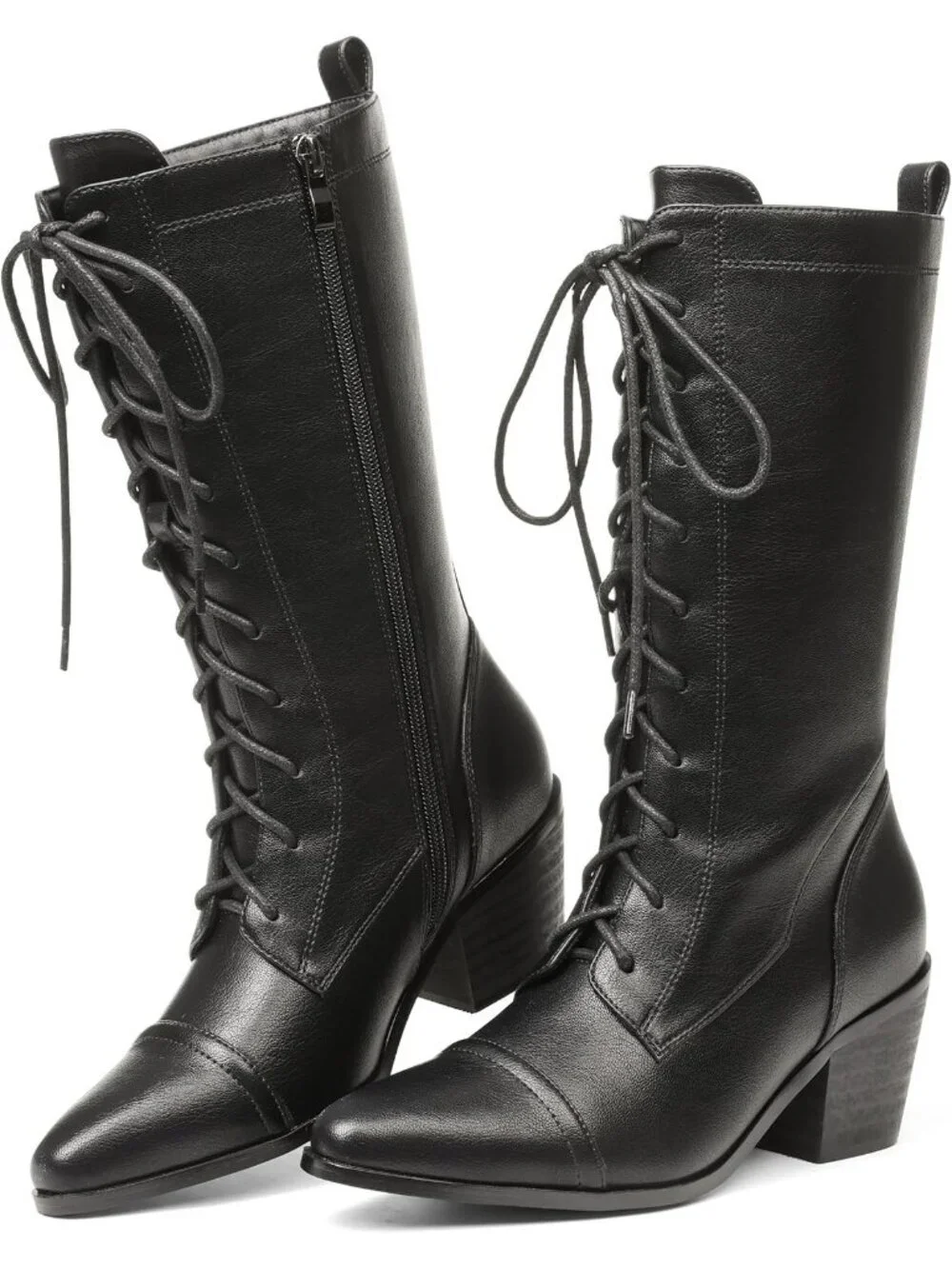 Women's Black Lace Up Chunky Heel Vintage Combat Heeled Dress Casual Boots